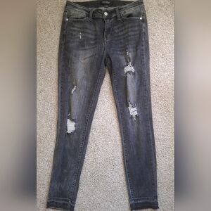 Judy Blue Washed Black Distressed Skinny Jeans Raw Hem Size 9/29